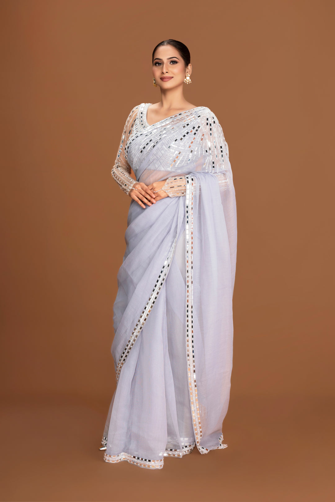 Pewter Elegance Organza Saree with Mirror & Bead Embellishments - NSL FASHION PVT LTD