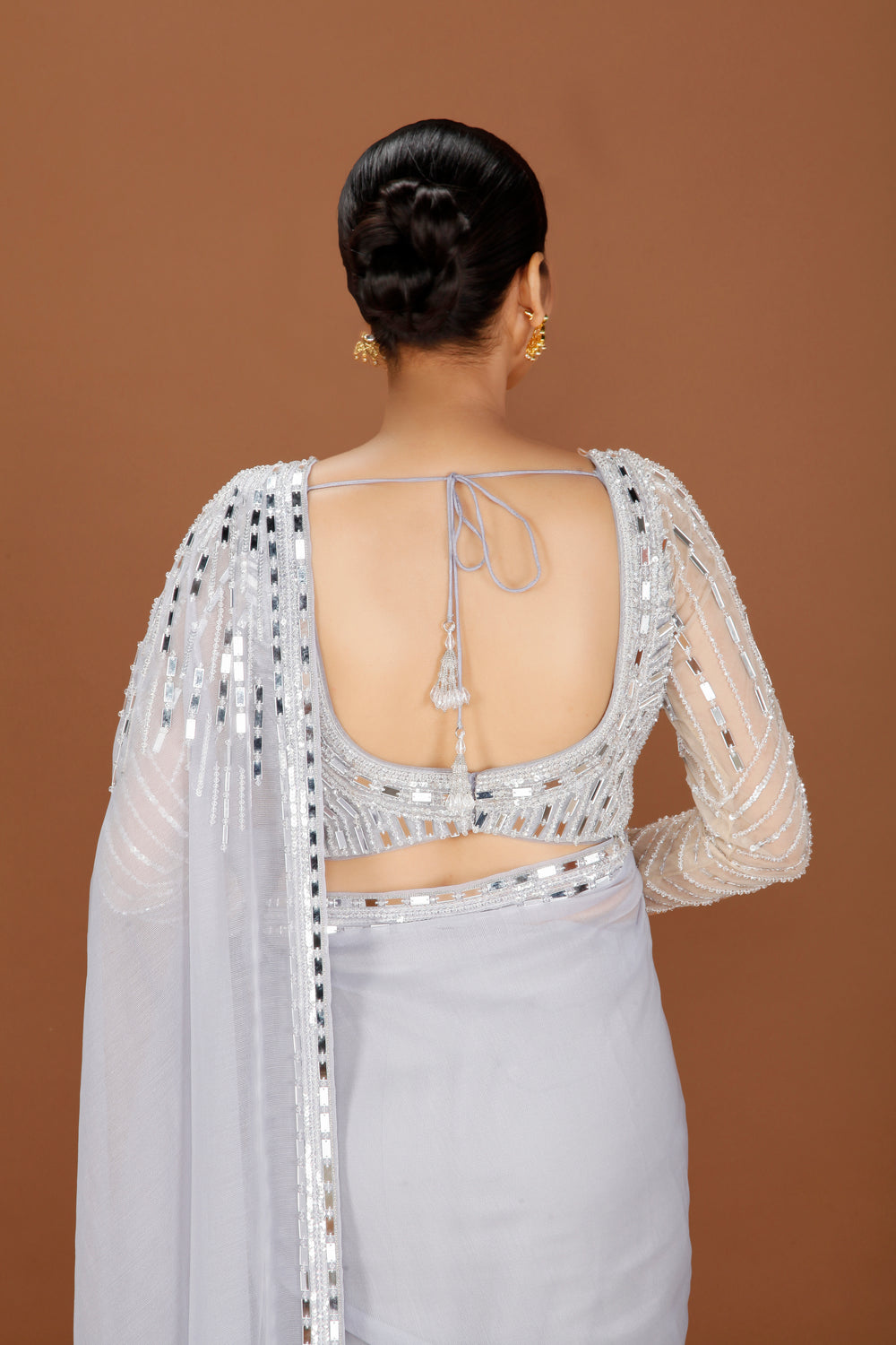 Pewter Elegance Organza Saree with Mirror & Bead Embellishments