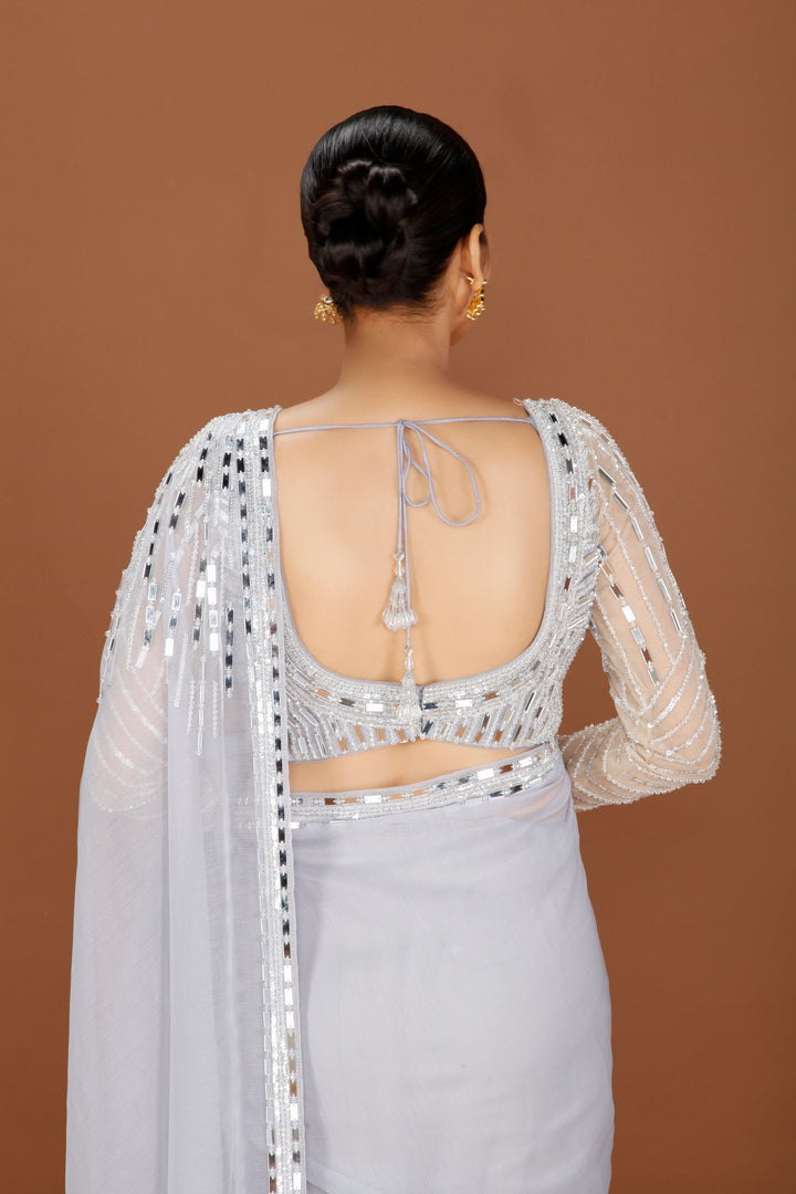 Pewter Elegance Organza Saree with Mirror & Bead Embellishments - NSL FASHION PVT LTD