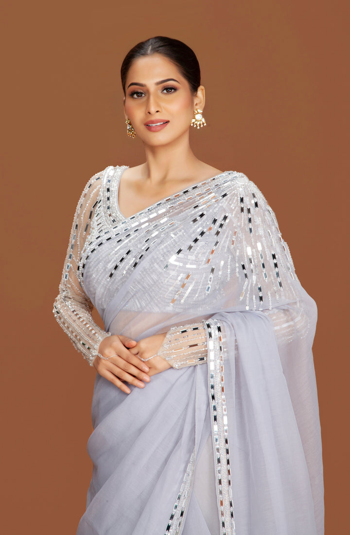 Pewter Elegance Organza Saree with Mirror & Bead Embellishments - NSL FASHION PVT LTD