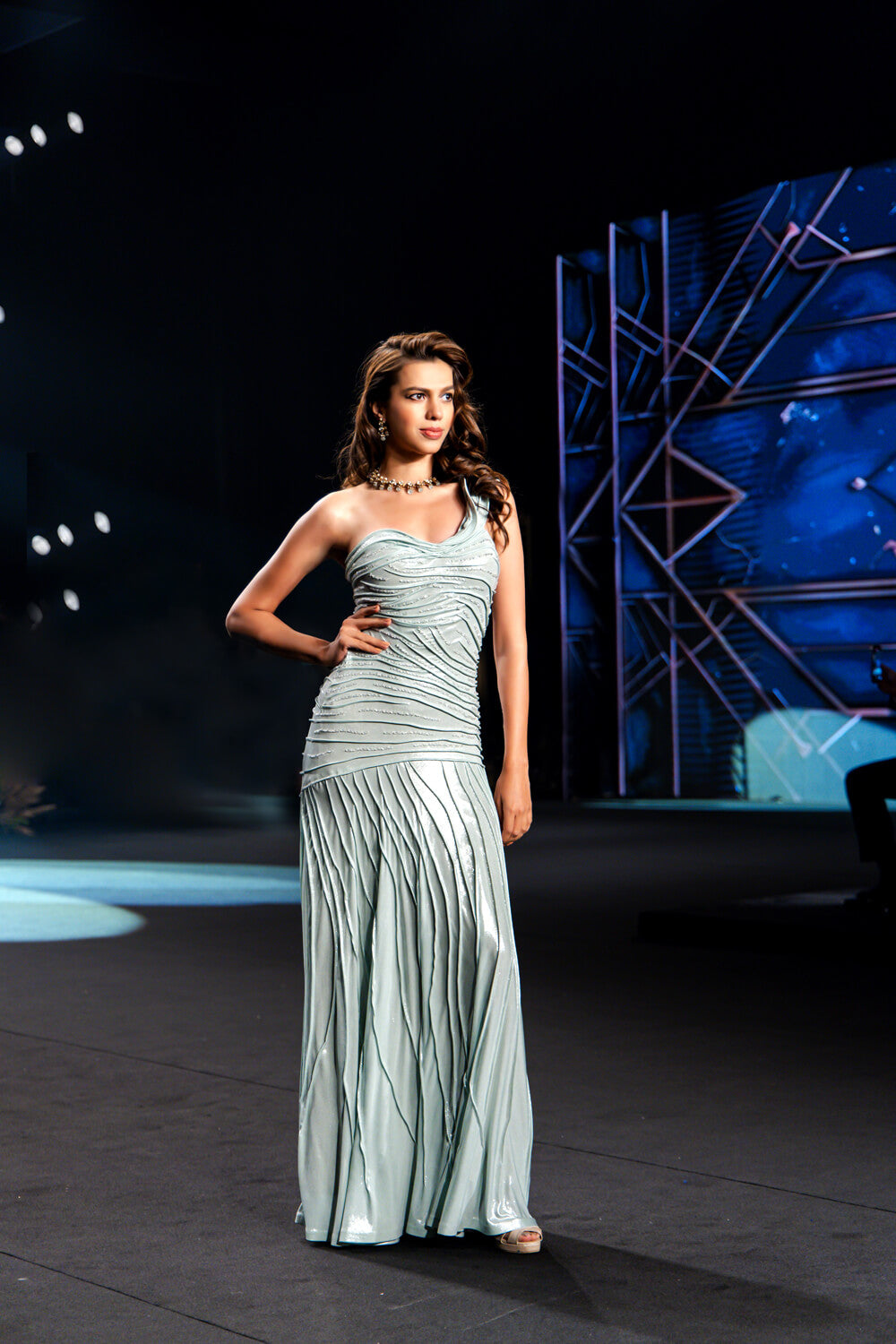 Kai - Metallic Shimmer Assymmetrical Gown - NSL FASHION PVT LTD