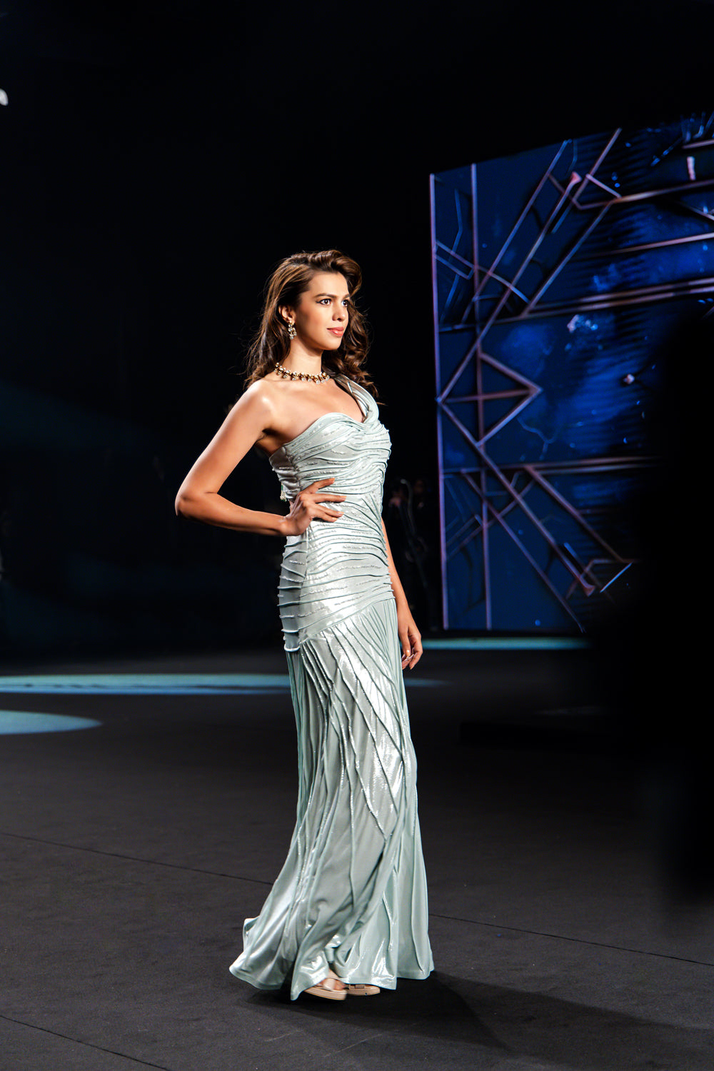 Kai - Metallic Shimmer Assymmetrical Gown - NSL FASHION PVT LTD