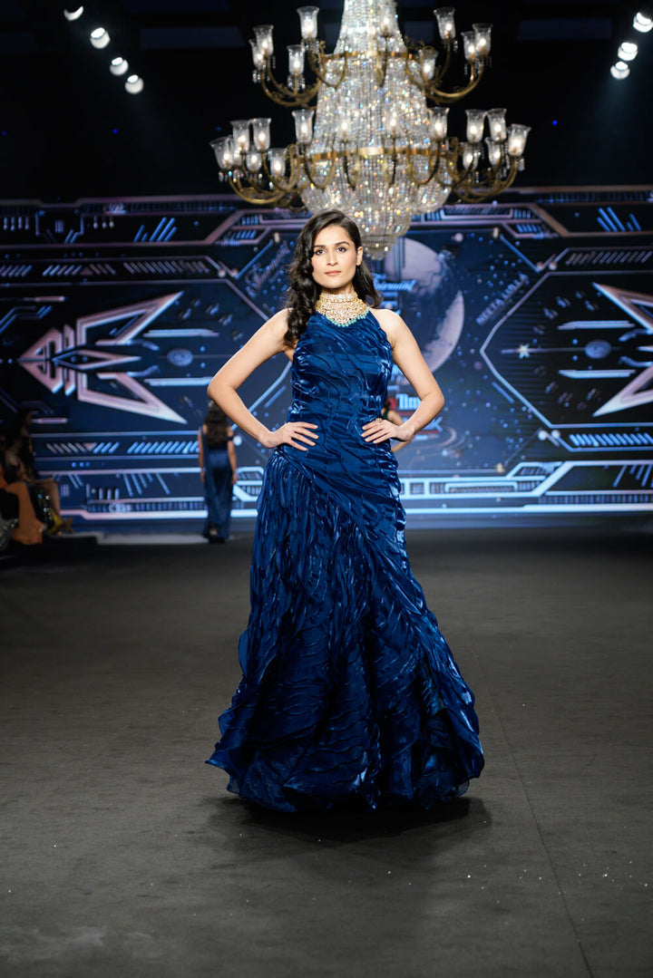 Lila - Teal Blue Halter Neck Gown - NSL FASHION PVT LTD
