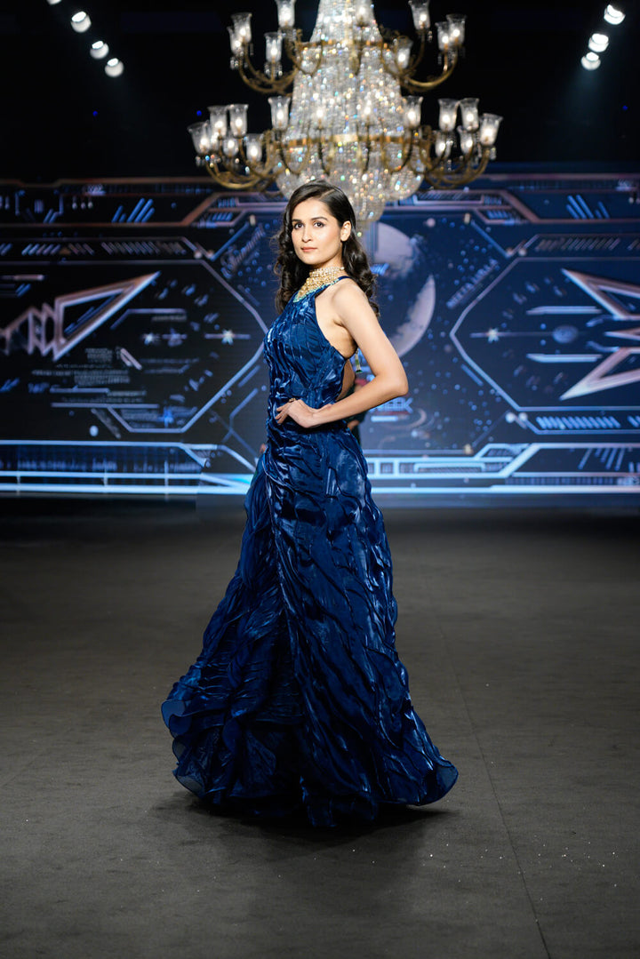 Lila - Teal Blue Halter Neck Gown - NSL FASHION PVT LTD
