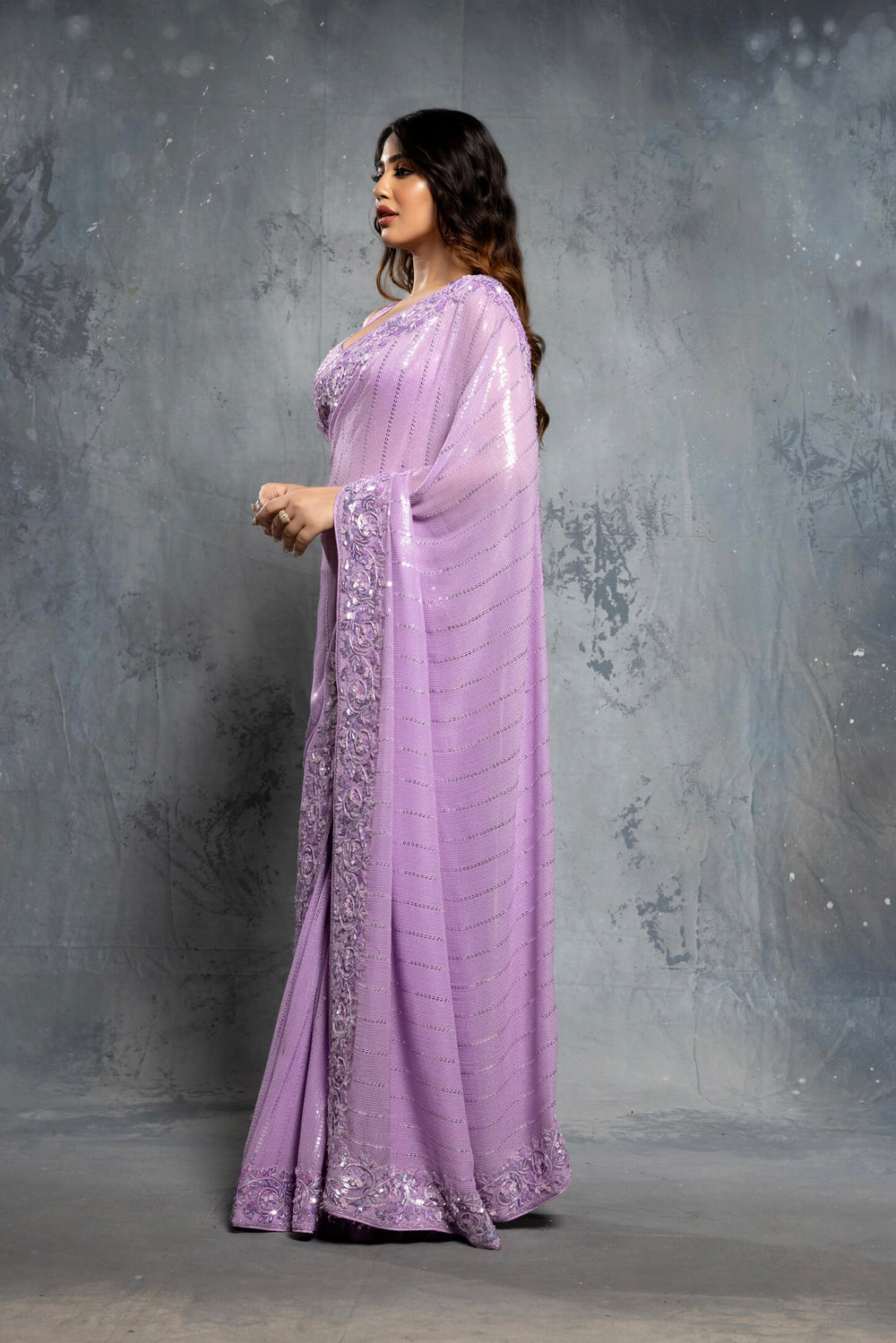 Lilac Georgette Embellished Saree Set - NSL FASHION PVT LTD