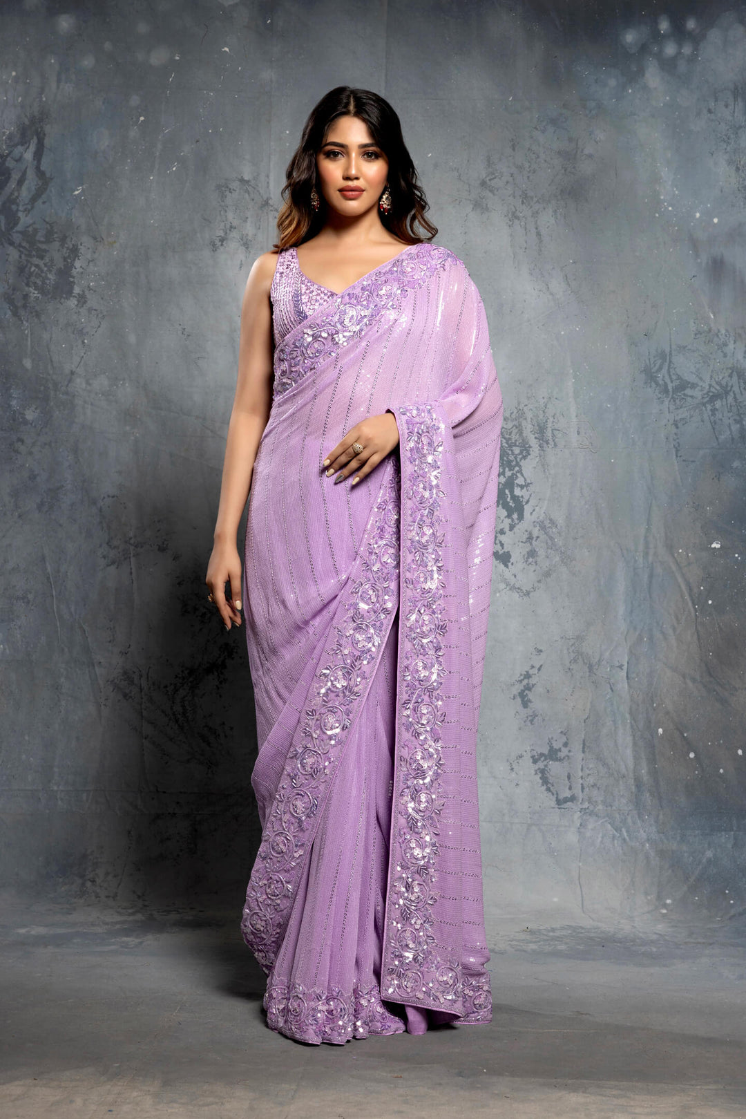 Lilac Georgette Embellished Saree Set - NSL FASHION PVT LTD