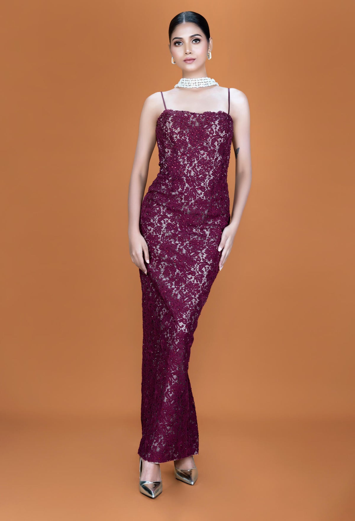 Maroon Lace Gown - NSL FASHION PVT LTD