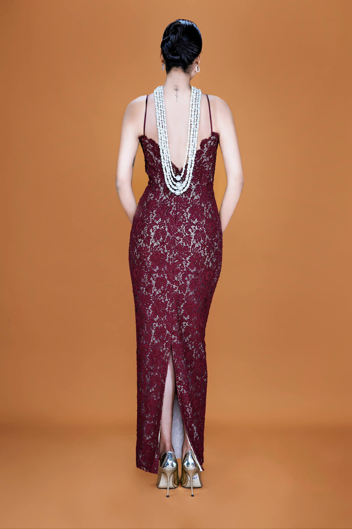 Maroon Lace Gown - NSL FASHION PVT LTD