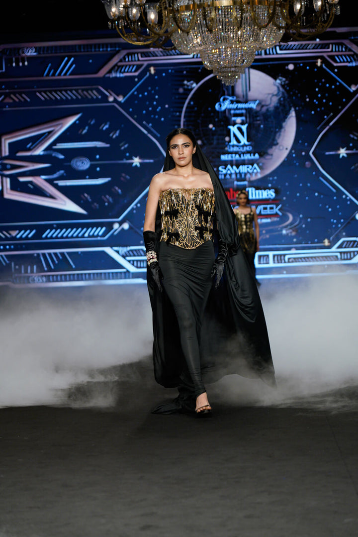 Muriel - Black Evening Gown with Metallic Corset - NSL FASHION PVT LTD