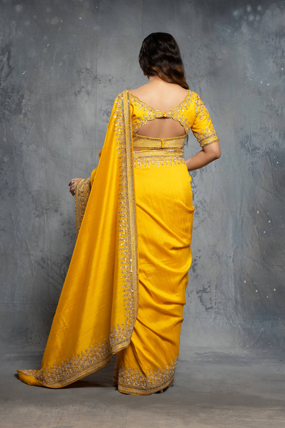 Mustard Yellow Tussar Silk Embellished Saree Set - NSL FASHION PVT LTD