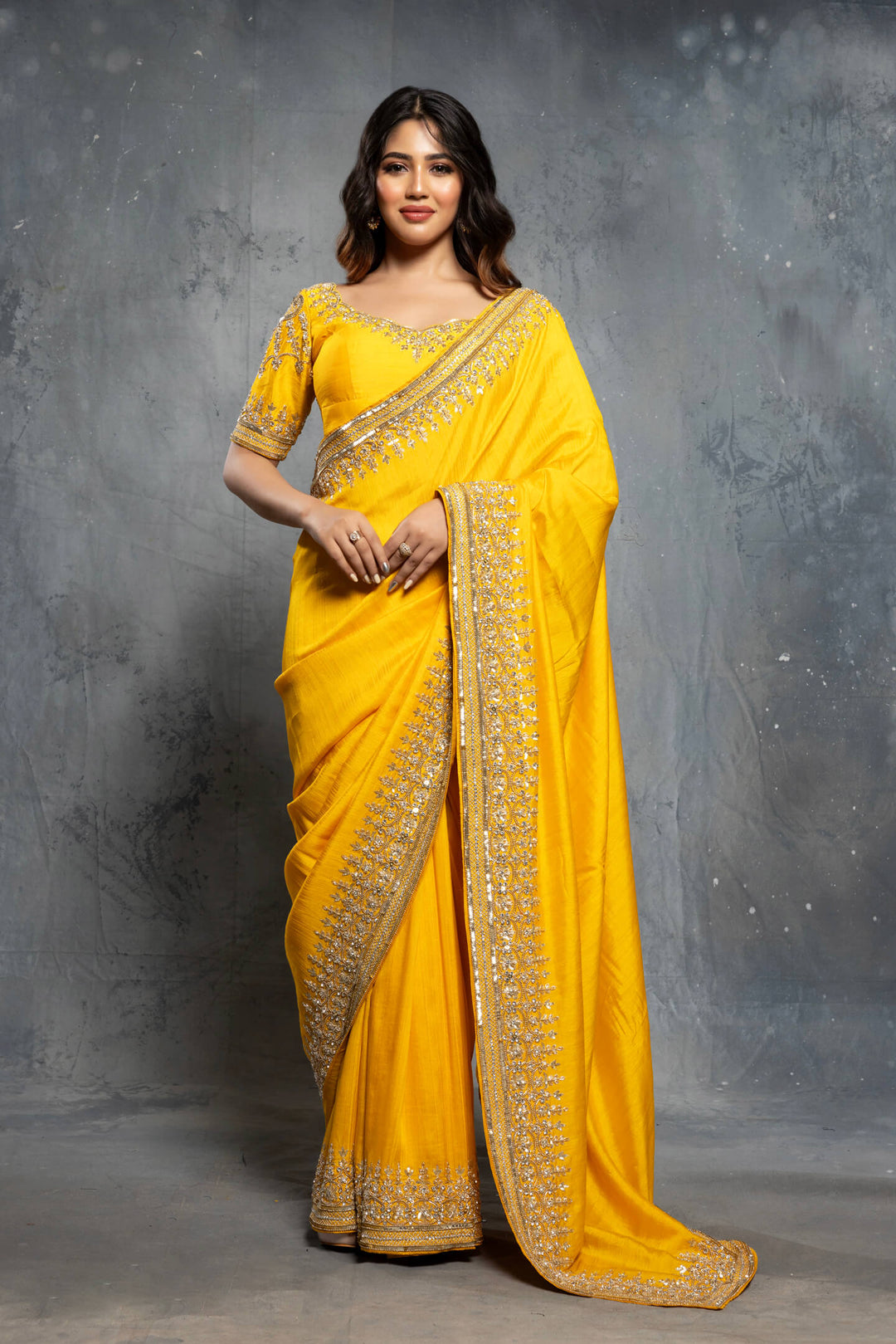Mustard Yellow Tussar Silk Embellished Saree Set - NSL FASHION PVT LTD