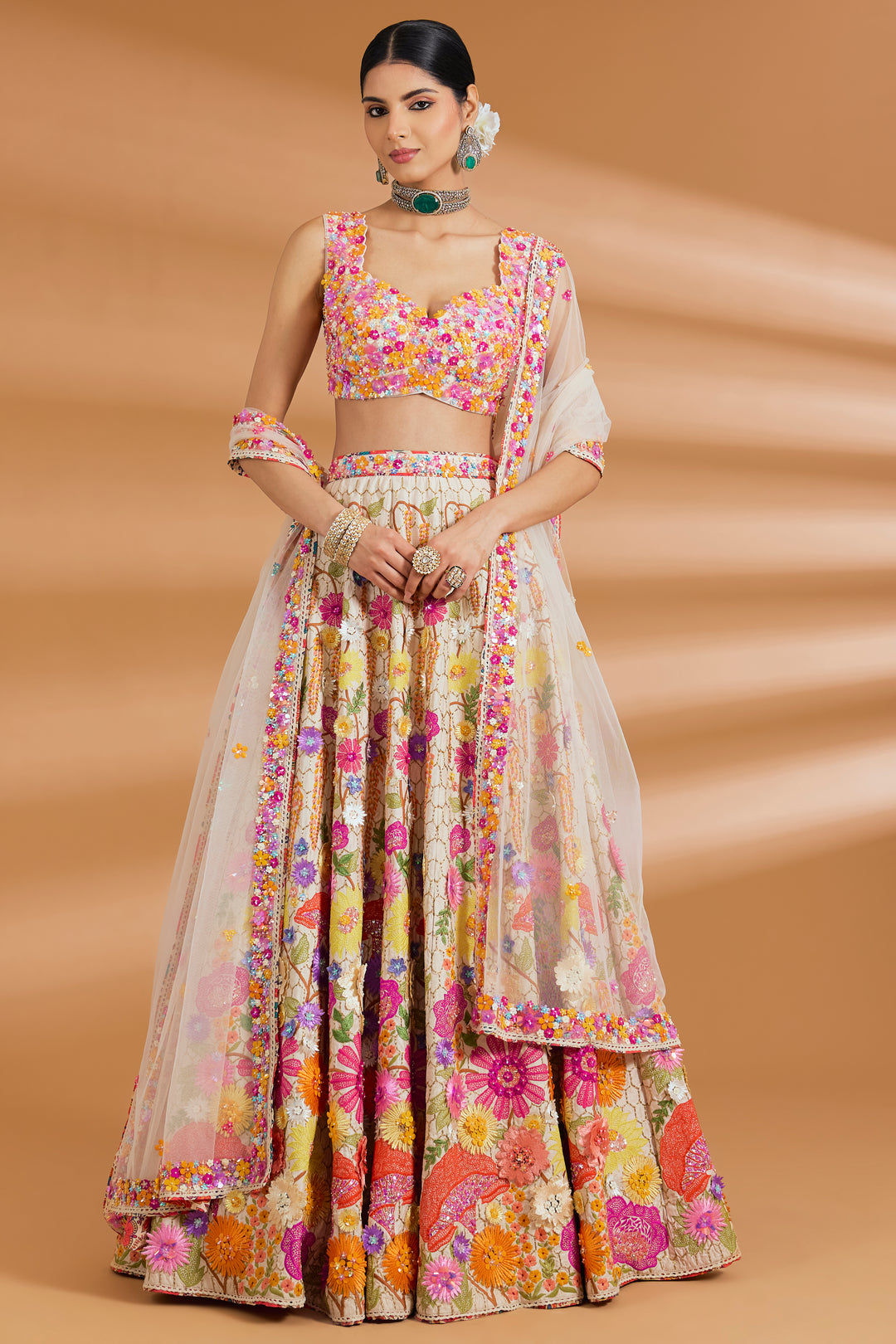 Floral Embroidered Couture Lehenga Set - IVORY - Lehengas - image 1