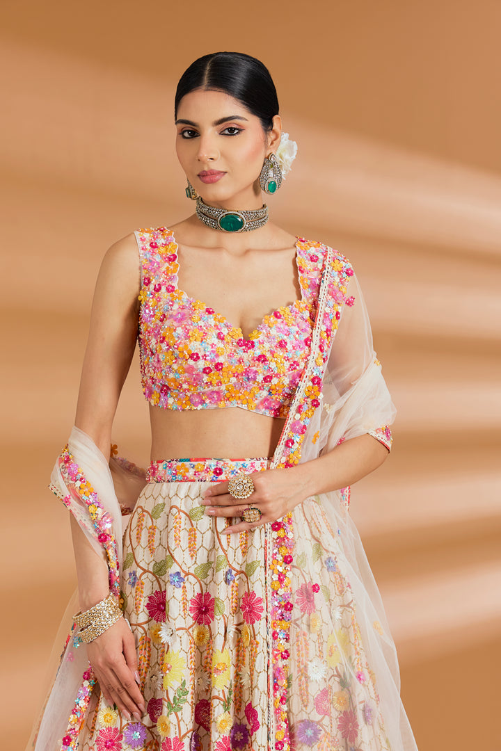 Floral Embroidered Couture Lehenga Set - IVORY - Lehengas - image 5