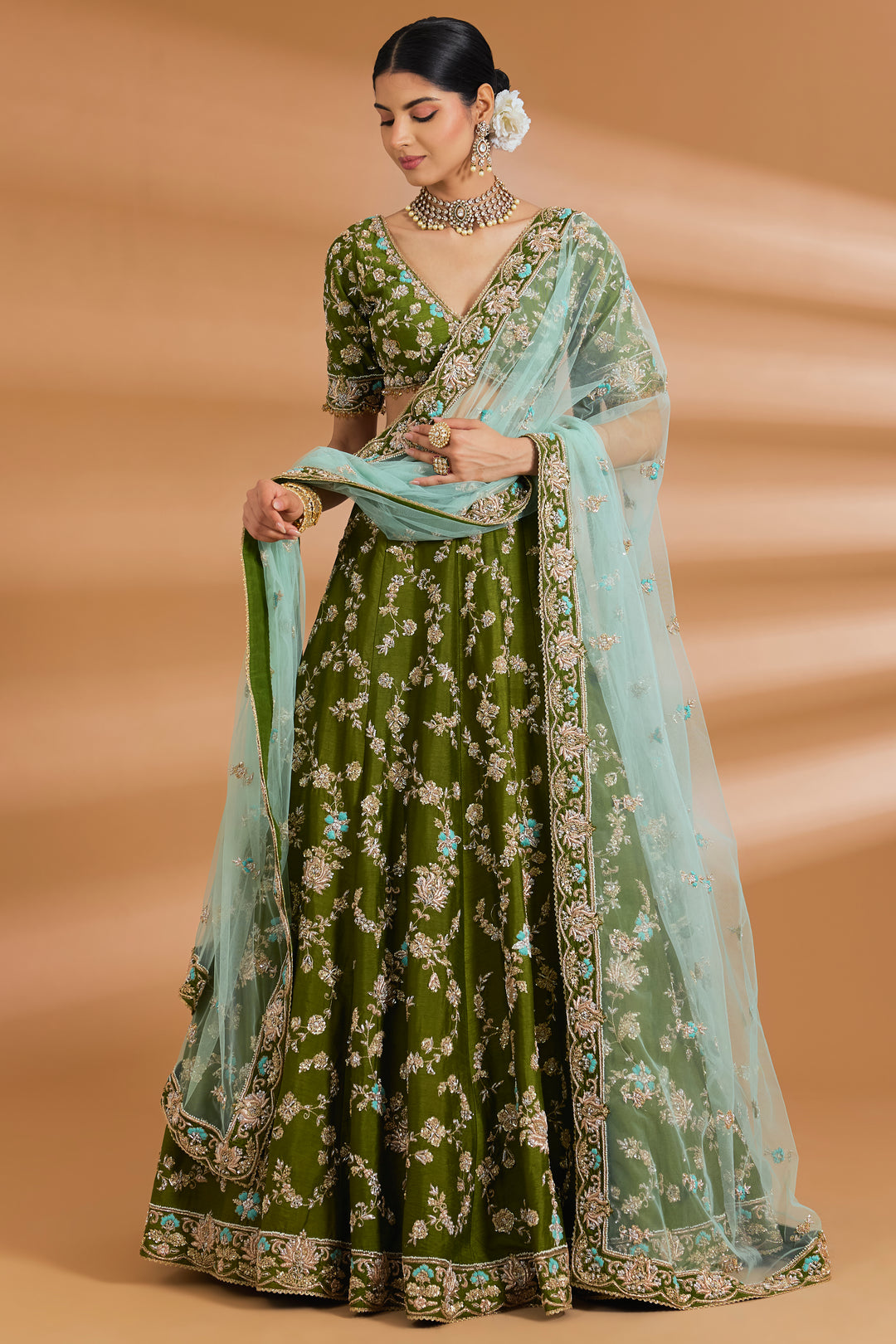 Olive Green Couture Lehenga Set - OLIVE GREEN - Lehengas - image 1
