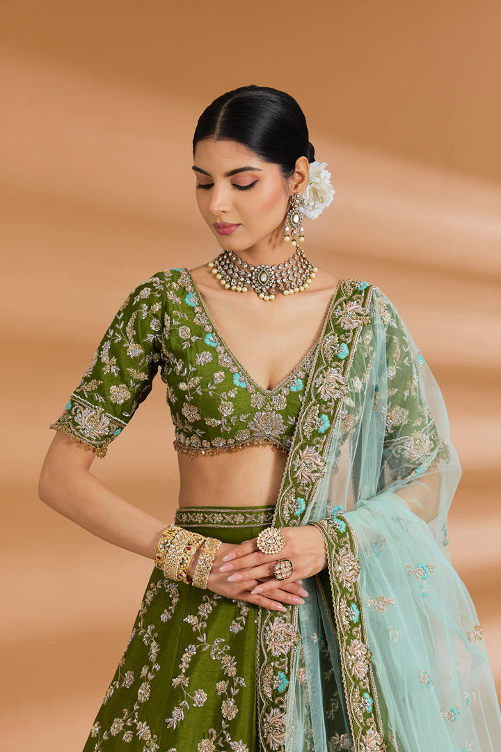 Olive Green Couture Lehenga Set - OLIVE GREEN - Lehengas - image 5