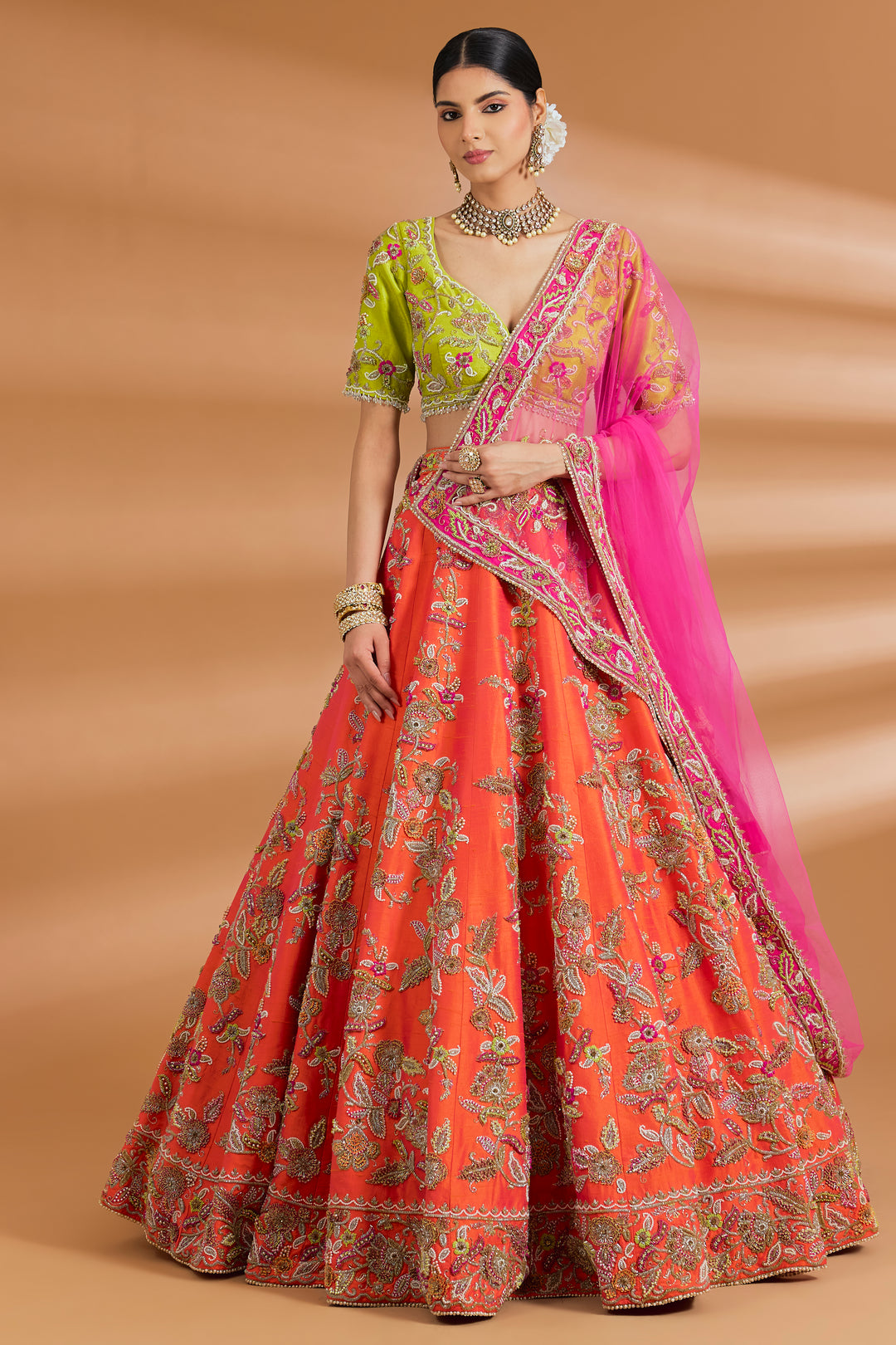 Multicolored Couture Lehenga Set - ORANGE - Lehengas - image 1