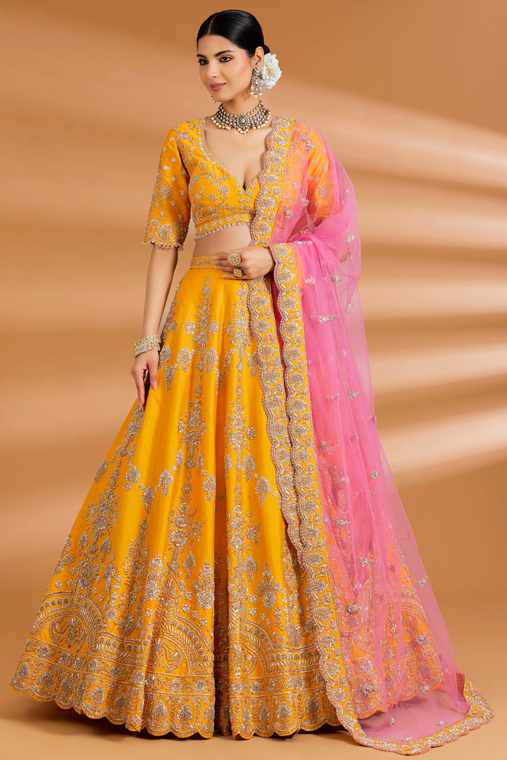 Mustard Yellow / Pink Couture Lehenga Set - MUSTARD YELLOW - Lehengas - image 1