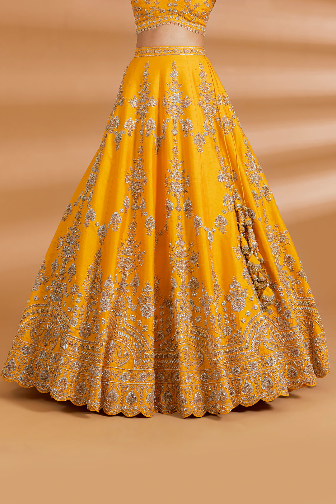 Mustard Yellow / Pink Couture Lehenga Set - MUSTARD YELLOW - Lehengas - image 3