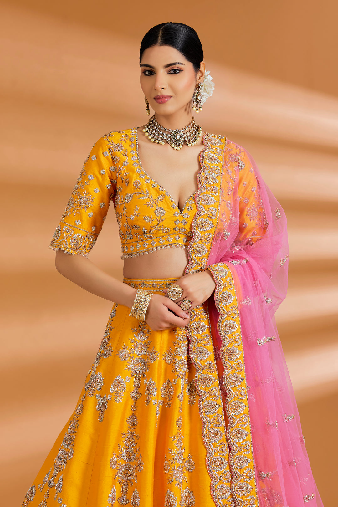 Mustard Yellow / Pink Couture Lehenga Set - MUSTARD YELLOW - Lehengas - image 5