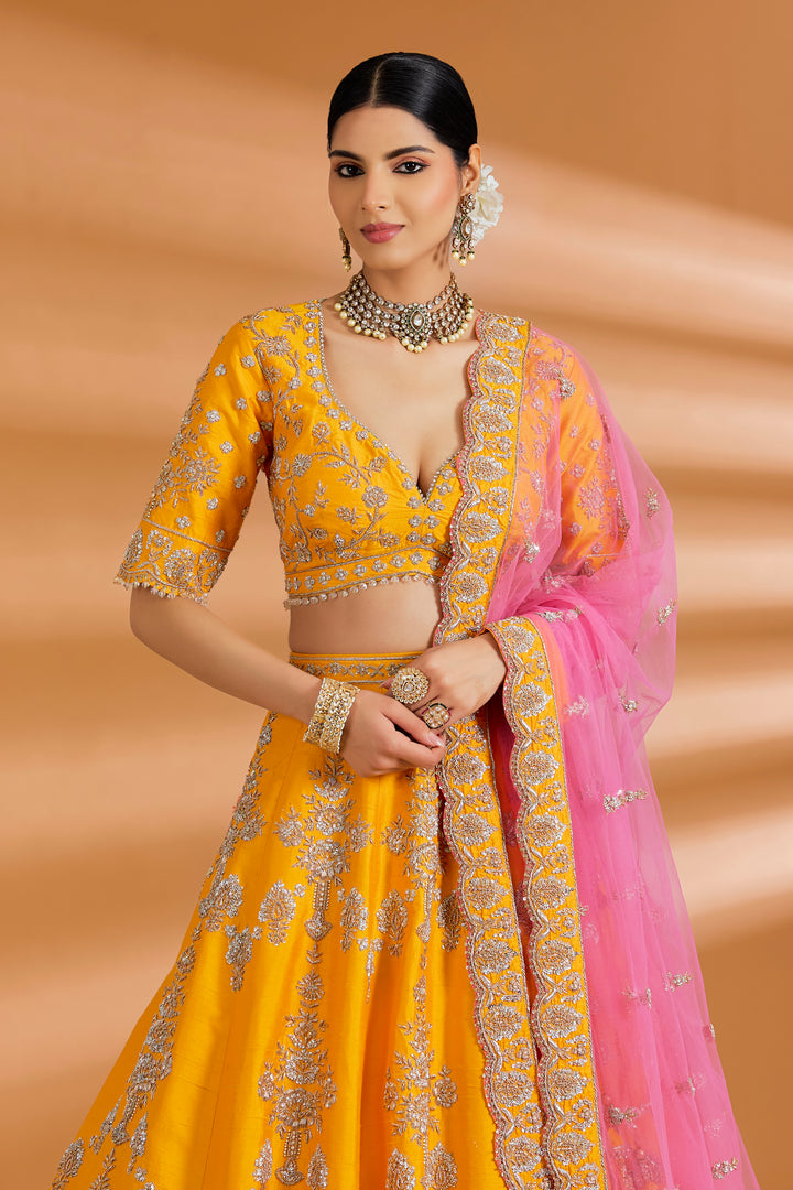 Mustard Yellow / Pink Couture Lehenga Set - MUSTARD YELLOW - Lehengas - image 5