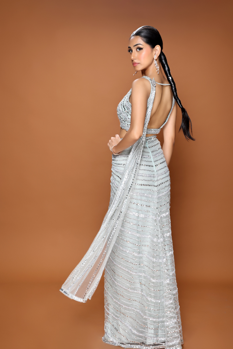 Powder Blue Crystal Symphony Saree in Tulle - NSL FASHION PVT LTD