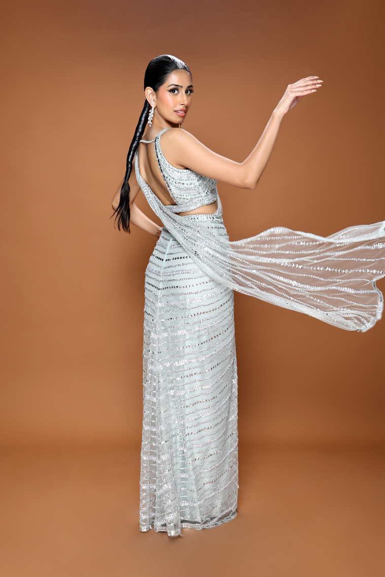 Powder Blue Crystal Symphony Saree in Tulle - NSL FASHION PVT LTD