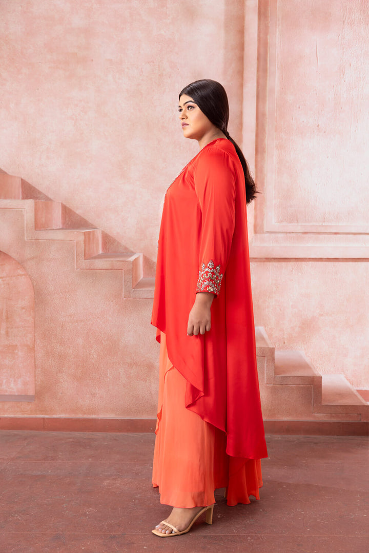Brahmi- Vermillion Red Asymmetrical  Skirt Set