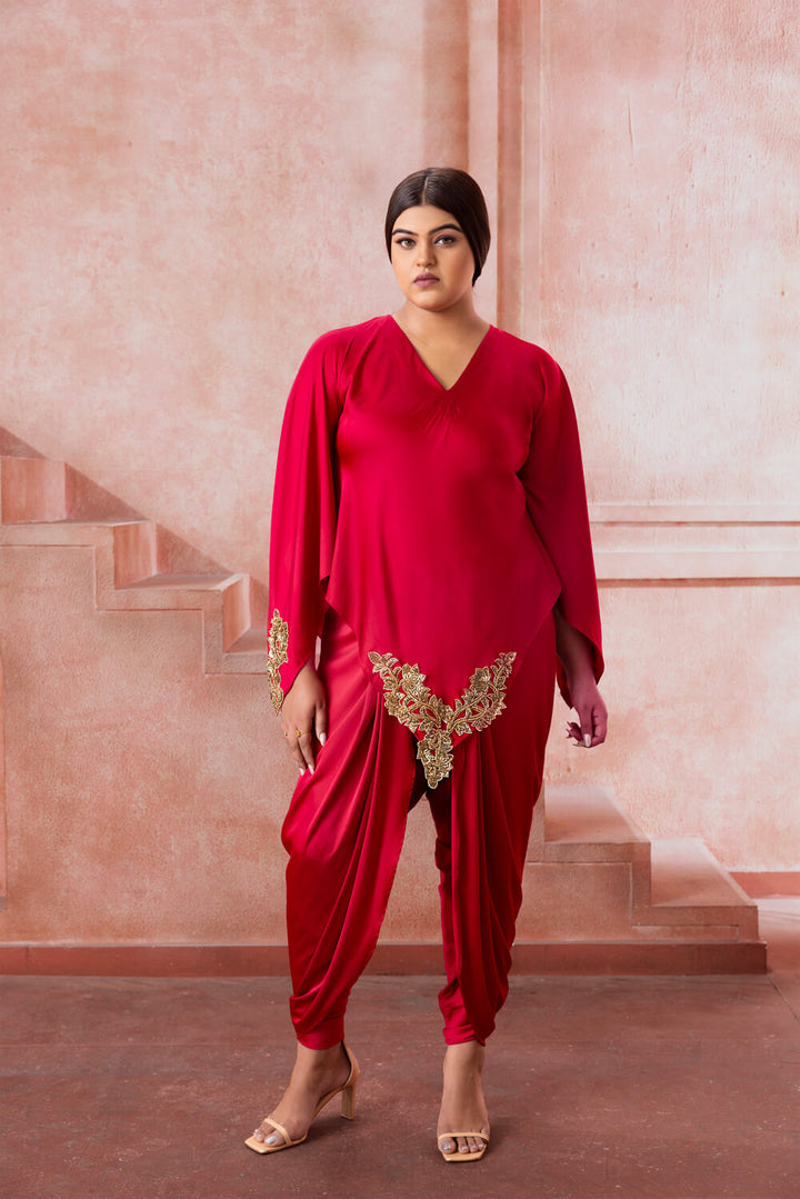Vyana-Red Tunic with Cowl Pants