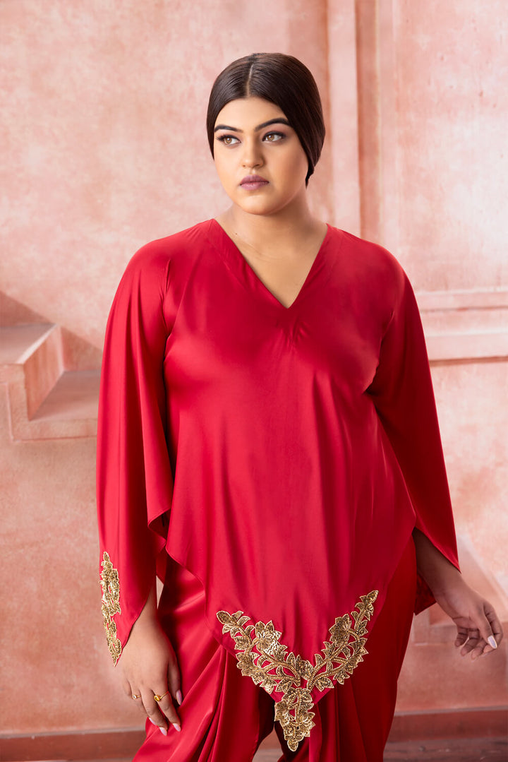 Vyana-Red Tunic with Cowl Pants