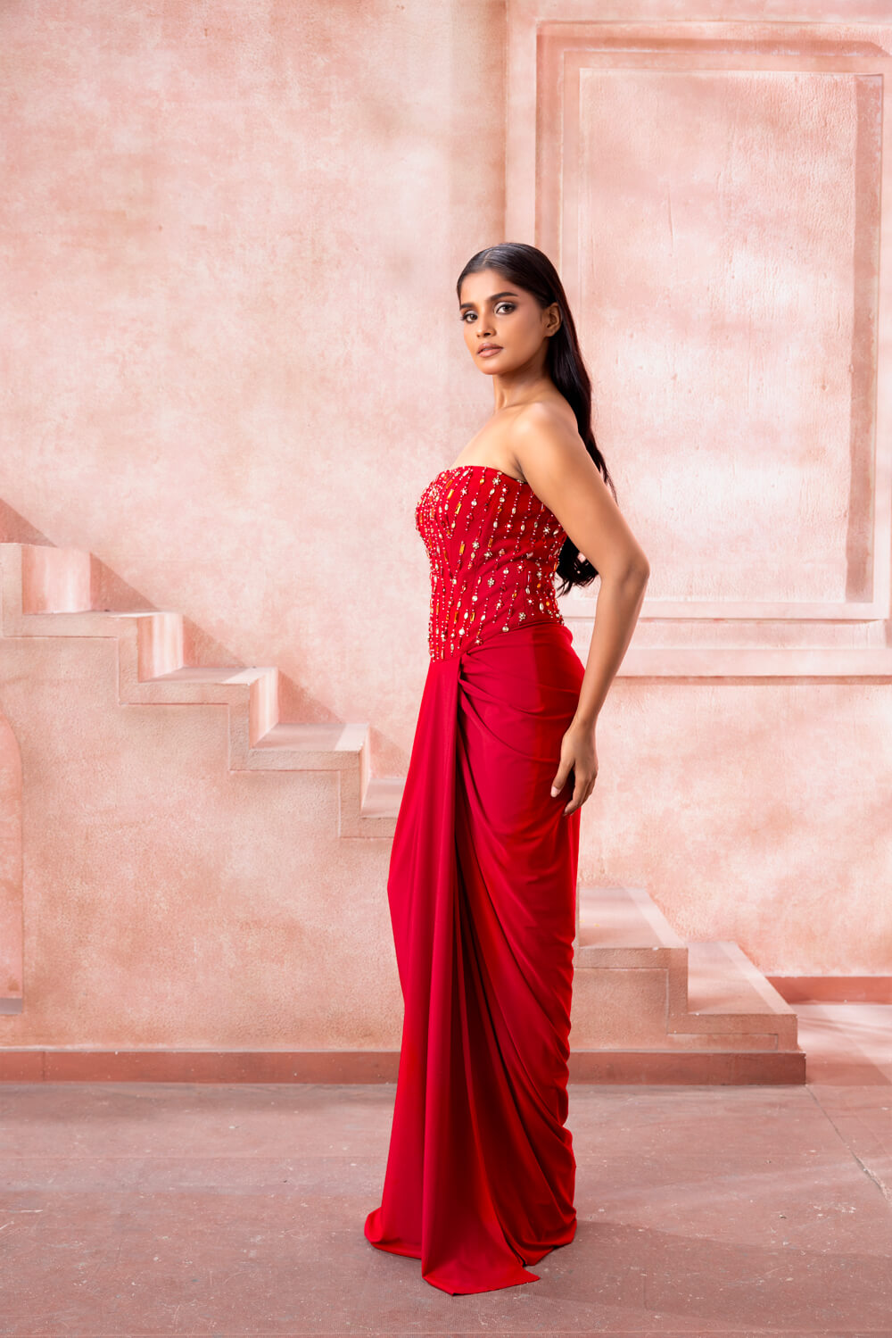 Crimson-Strapless Embellished Gown