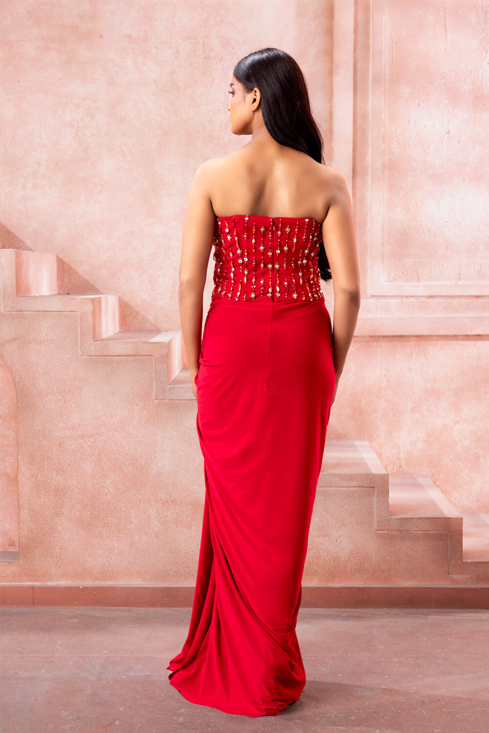 Crimson-Strapless Embellished Gown