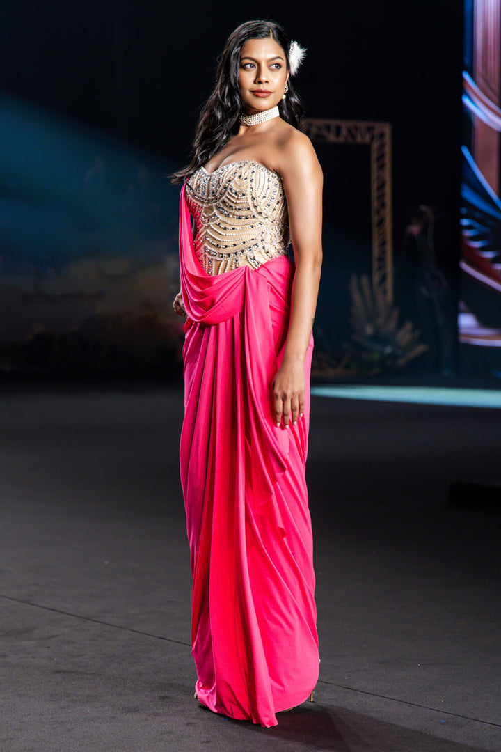 Nina - Hot Pink & Nude Corset Cocktail Skirt Set - NSL FASHION PVT LTD