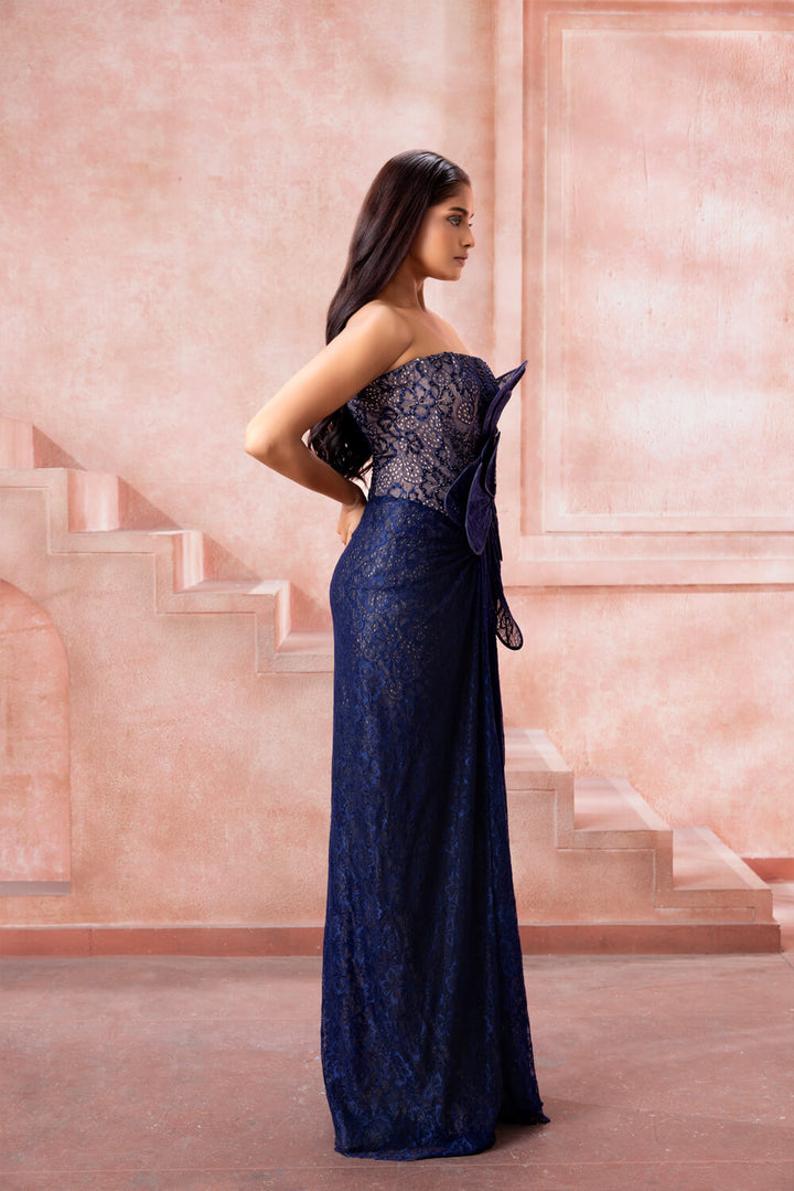 Ocean Bloom- Sapphire Blue Strapless Blue Gown - NSL FASHION PVT LTD