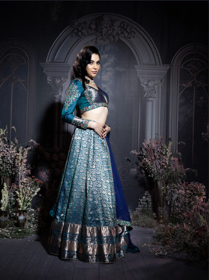Peacock Blue Kanjivaram Lehenga Set - NSL FASHION PVT LTD