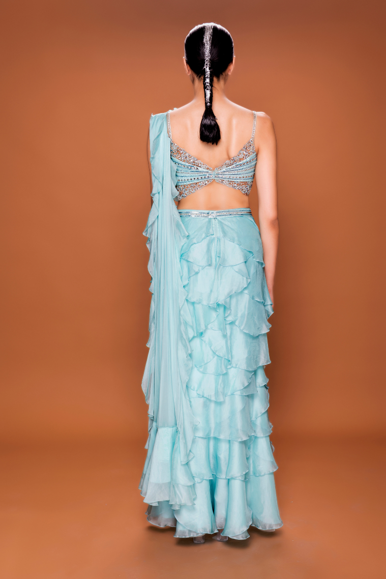 Aquamarine Glam Ruffle Saree with Sequined Bustier - NSL FASHION PVT LTD