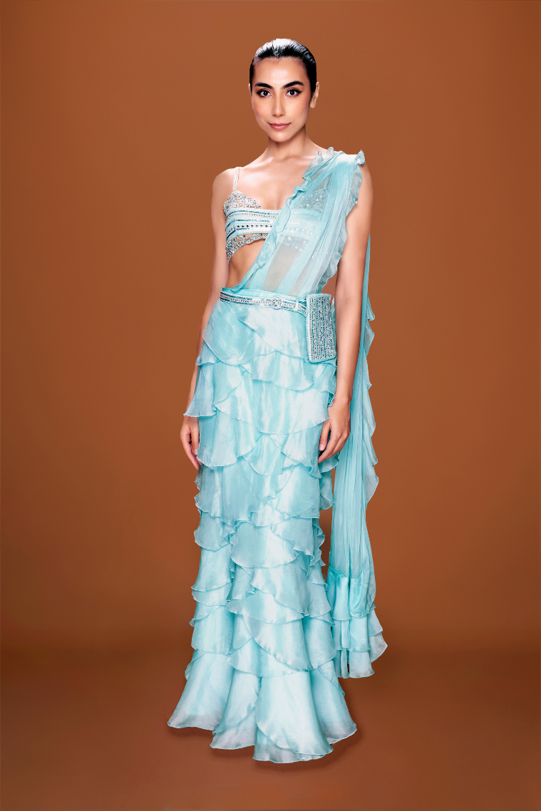 Aquamarine Glam Ruffle Saree with Sequined Bustier - NSL FASHION PVT LTD