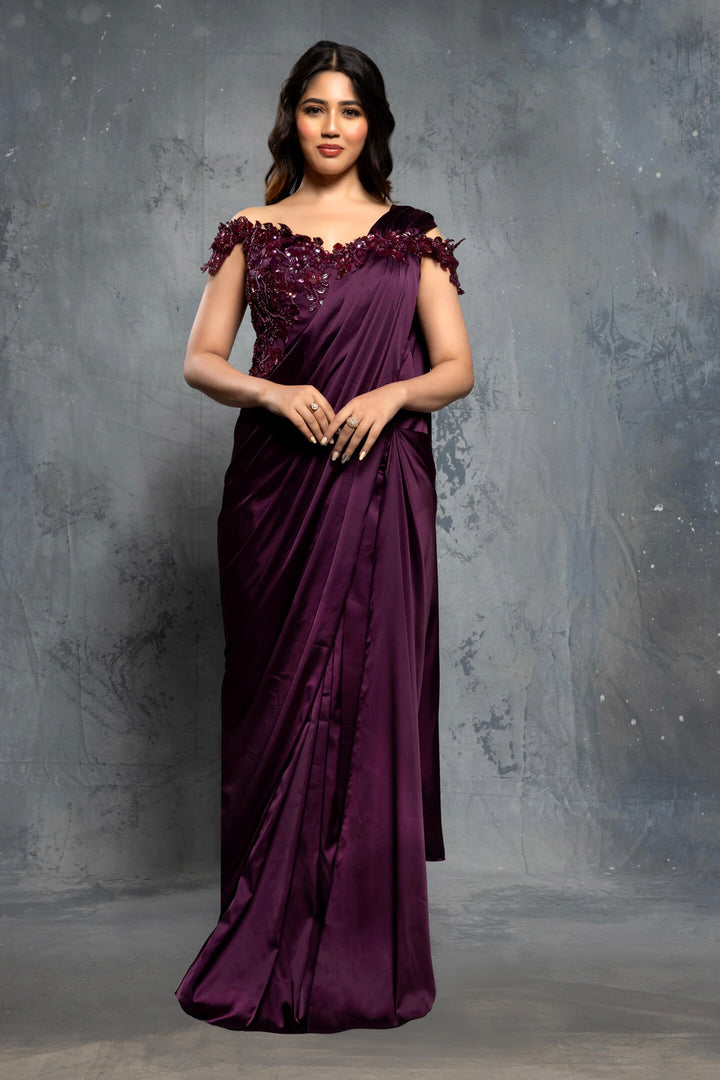 Potent Purple Charmuse Embellished Satin Saree Gown - NSL FASHION PVT LTD