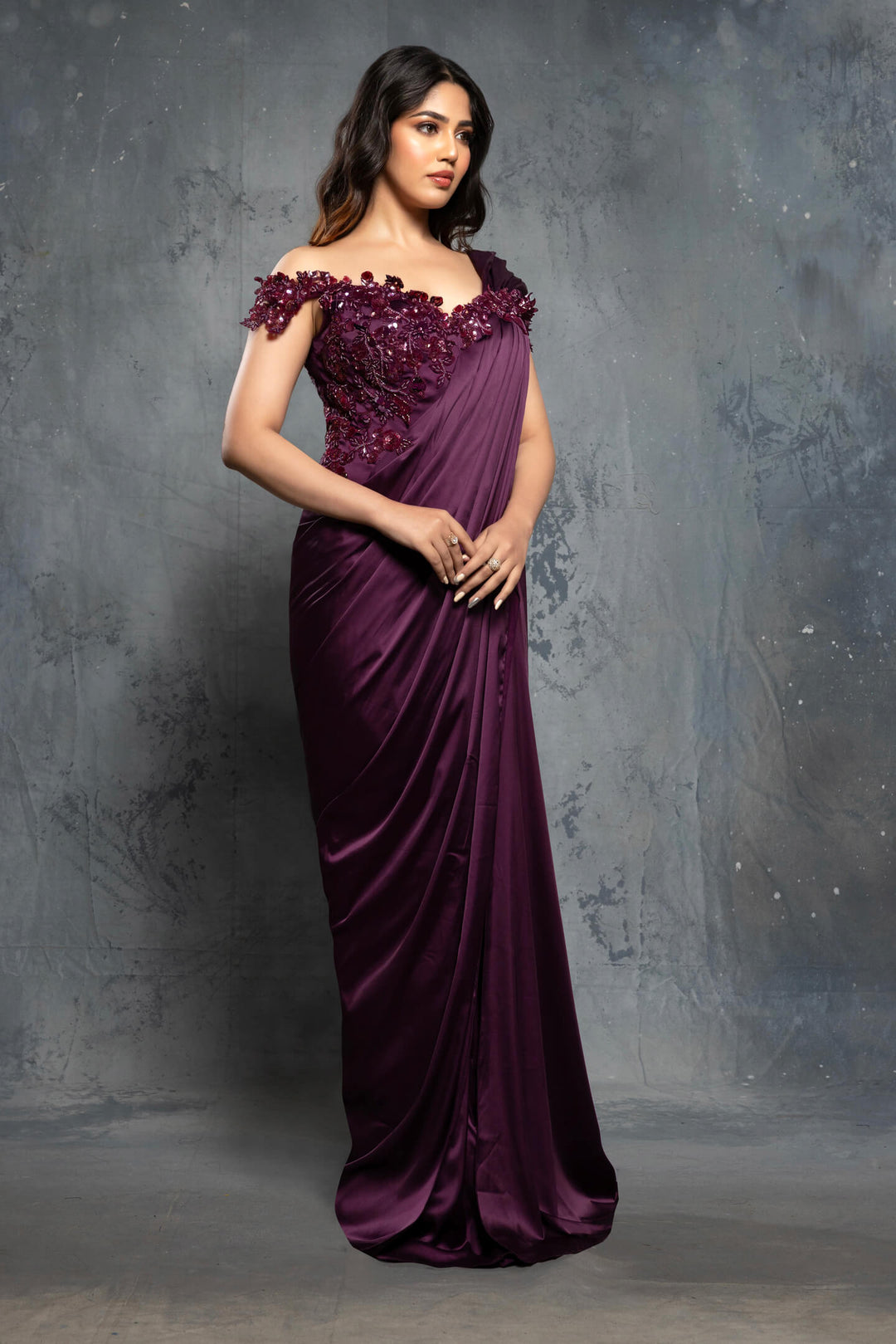 Potent Purple Charmuse Embellished Satin Saree Gown - NSL FASHION PVT LTD