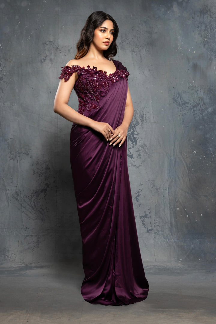 Potent Purple Charmuse Embellished Satin Saree Gown - NSL FASHION PVT LTD