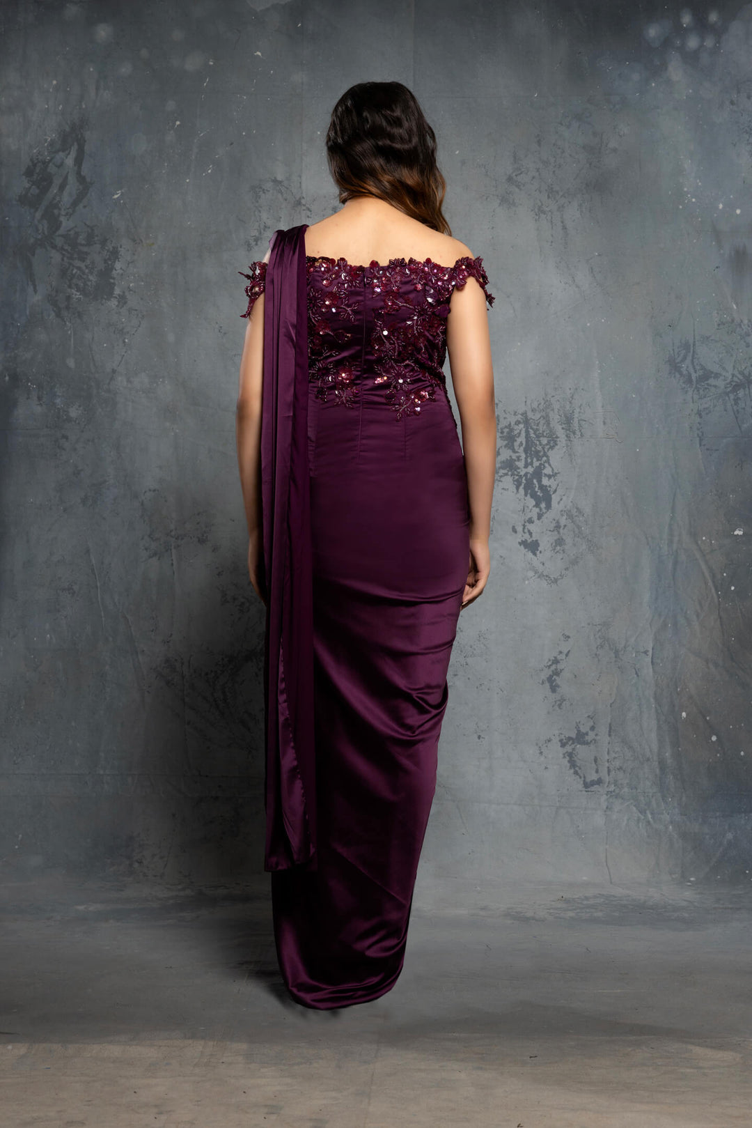Potent Purple Charmuse Embellished Satin Saree Gown - NSL FASHION PVT LTD