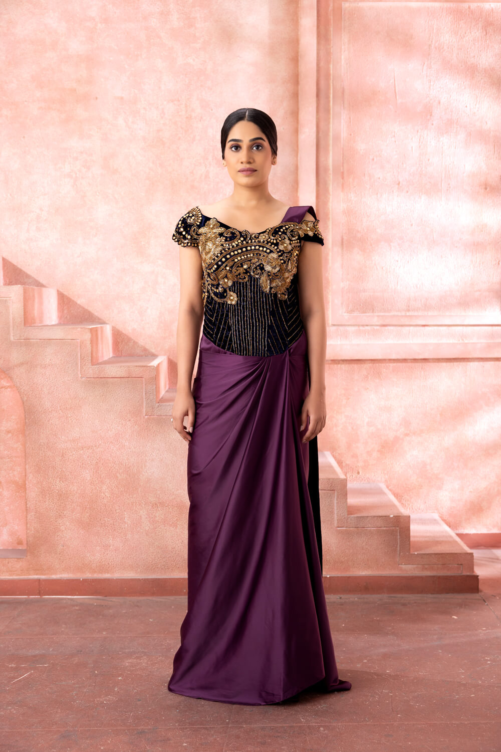 purple saree dress Purple Pre Draped Saree Set With Belt