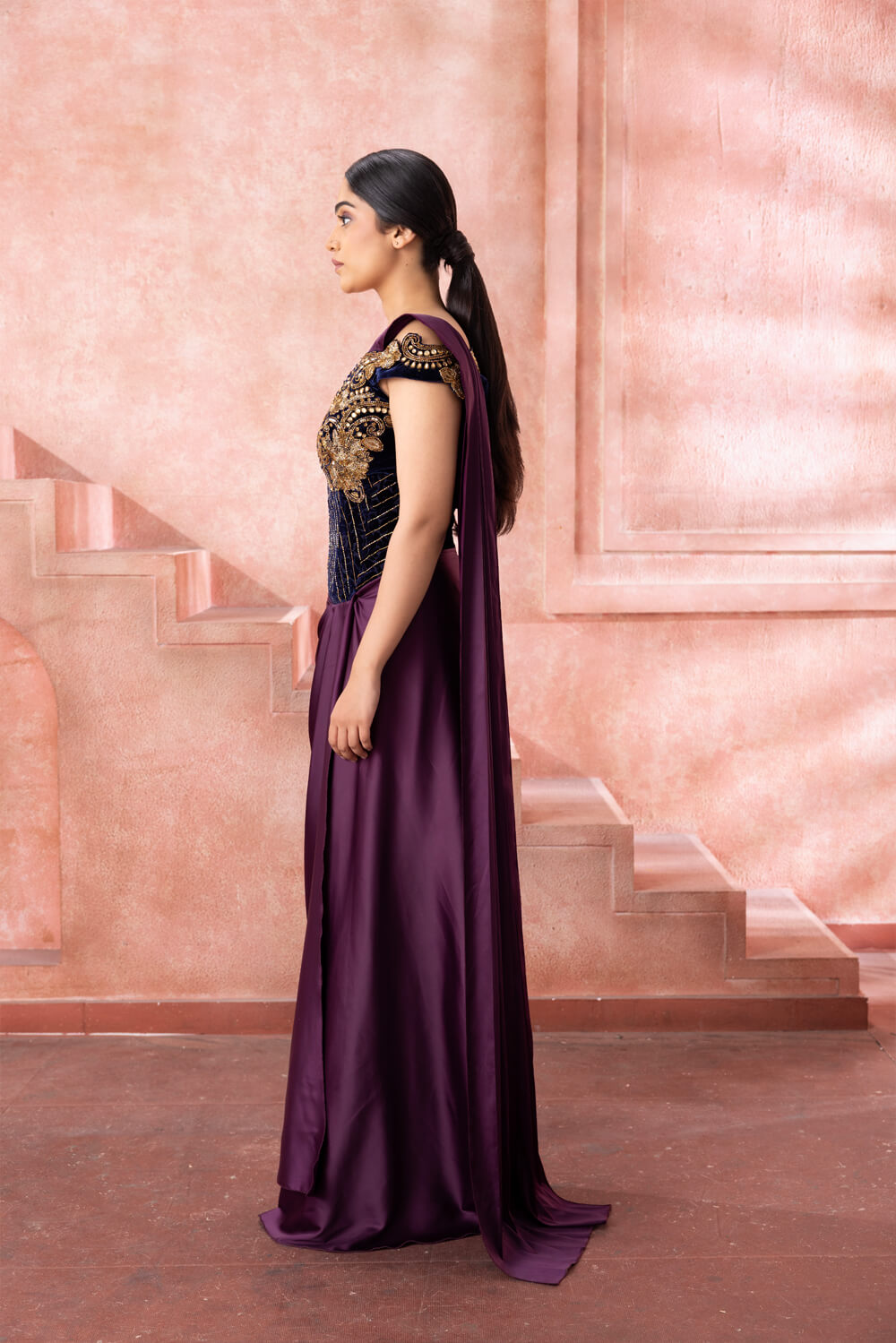 purple saree dress Purple Pre Draped Saree Set With Belt