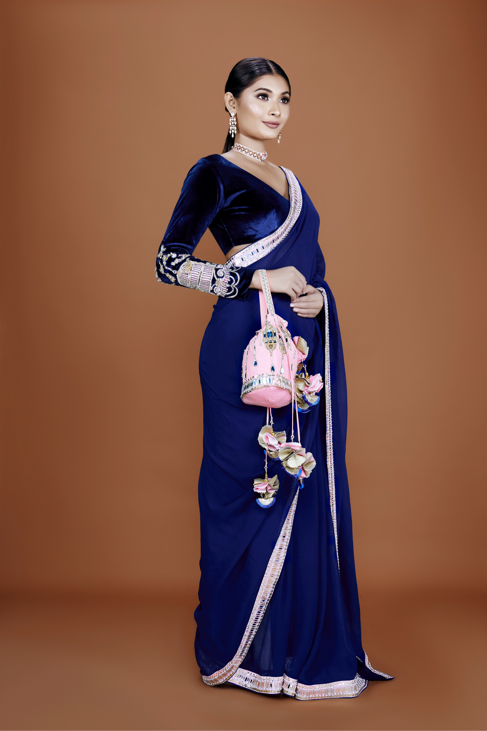RAAVEE - Prussian Blue Georgette Embroidered Saree - NSL FASHION PVT LTD