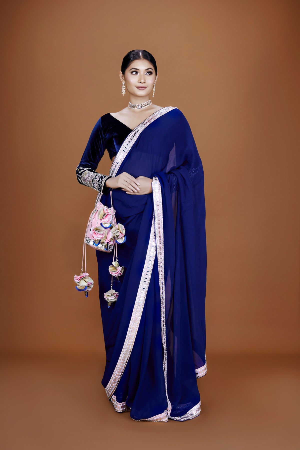 RAAVEE - Prussian Blue Georgette Embroidered Saree - NSL FASHION PVT LTD