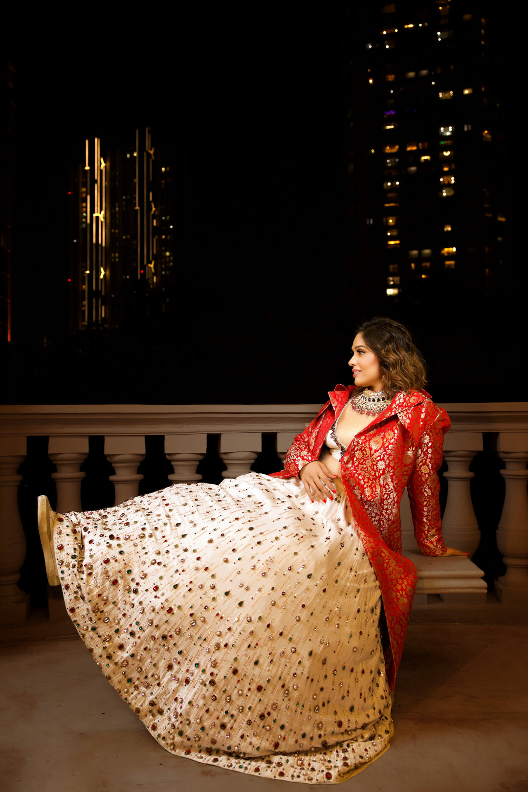 Ivory Lehenga with Multicolored Embellishment