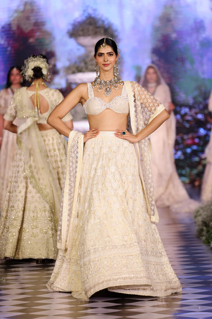 Opulent Crystal & Pearl White Lehenga Set with Mirror Dupatta - NSL FASHION PVT LTD