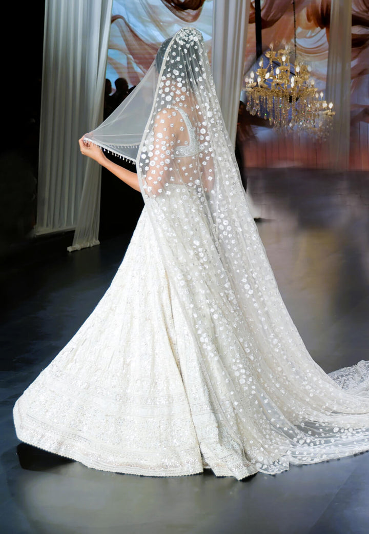 Opulent Crystal & Pearl White Lehenga Set with Mirror Dupatta - NSL FASHION PVT LTD