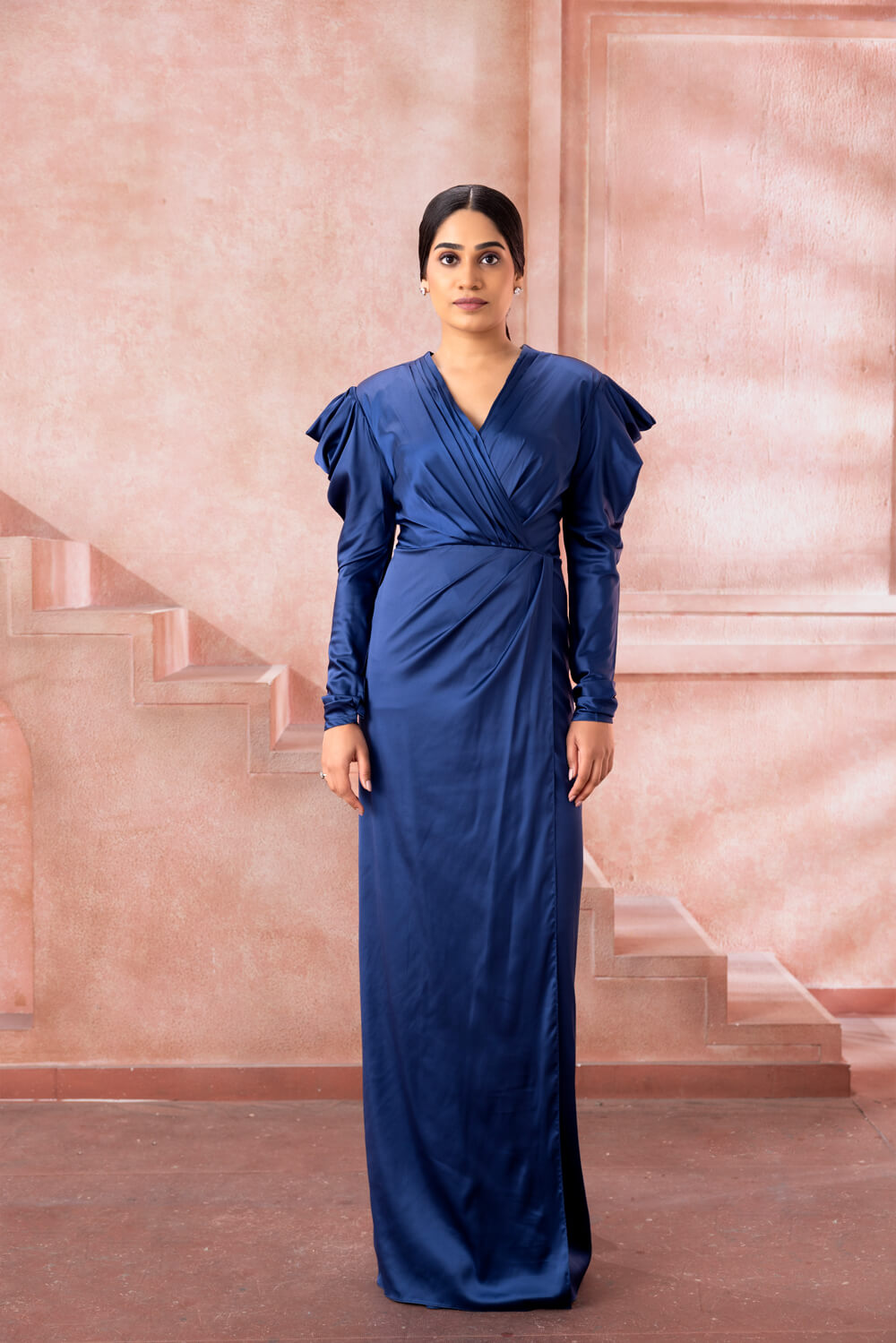 Rehna- Royal Blue Draped Gown - NSL FASHION PVT LTD