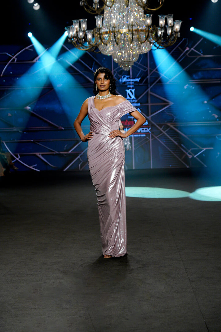 Rene - Metallic Mauve One Shoulder Gown - NSL FASHION PVT LTD