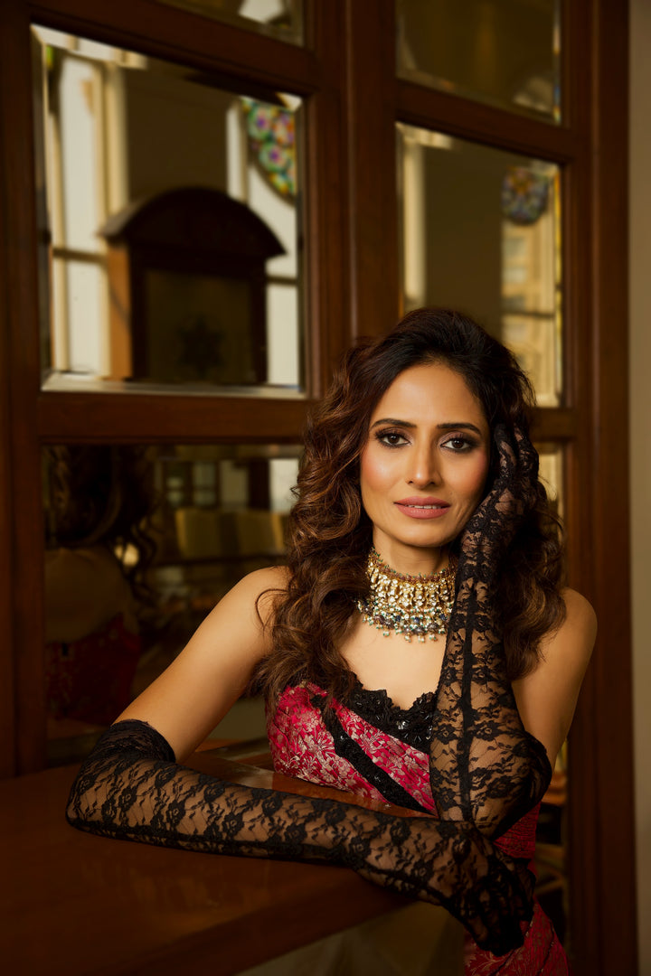 Fuchsia Brocade Gown with Black Lace & Elegant Gloves - NSL FASHION PVT LTD